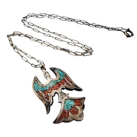 Navajo Sterling Crushed Turquoise Coral Thunderbird Necklace