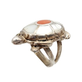 Sterling Southwest Coral Mother of Pearl Turtle Ring Sz 7