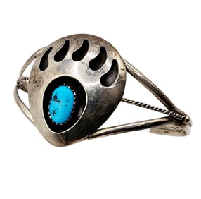 Sterling Signed Navajo Turquoise Shadowbox Bear Paw Cuff