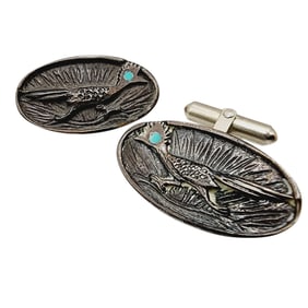 Sterling Vintage Navajo Roadrunner Turquoise Cuff Links