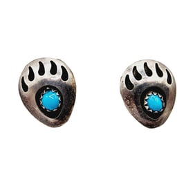 Sterling Navajo Shadowbox Turquoise Bear Paw Stud Earrings
