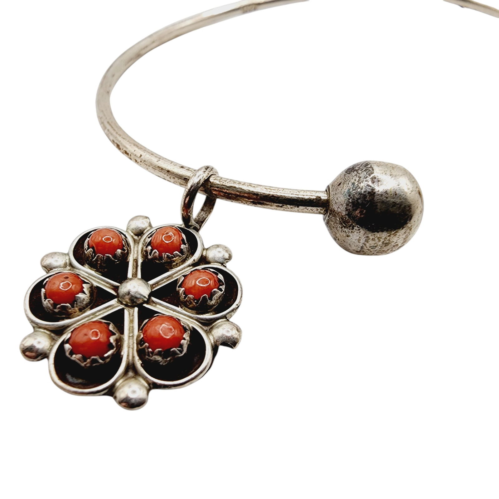 Sterling Bead Bangle with Coral Cluster Charm: Sterling Bead Bangle with Coral Cluster Charm 9.8g