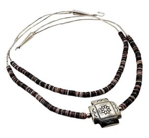 Sterling Southwestern Heishi Handstamped Medallion Liquid Silver Necklace