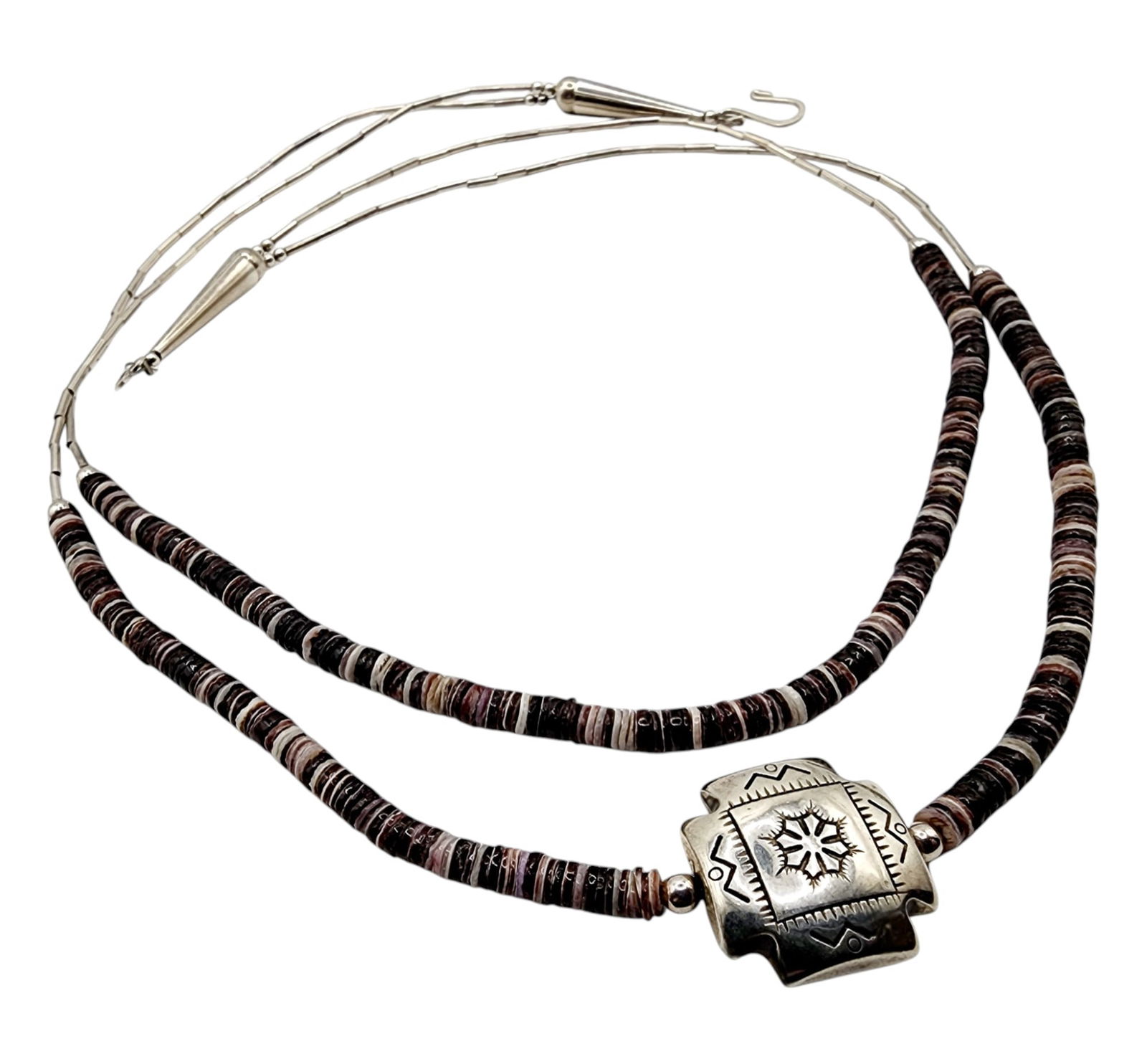 Sterling Southwestern Heishi Handstamped Medallion Liquid Silver Necklace (1 of 7)