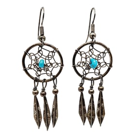 Sterling Running Bear Turquoise Dreamcatcher Dangle Earrings