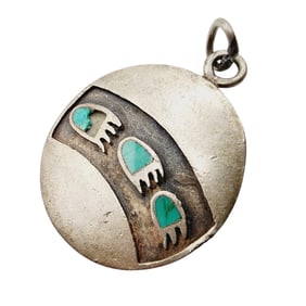 Sterling Vintage Navajo Bear Paw Turquoise Inlay Pendant