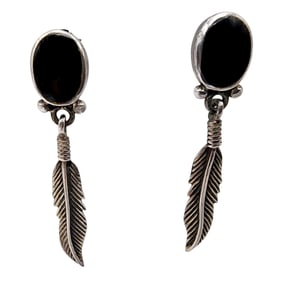Sterling Navajo Onyx Feather Dangle Earrings