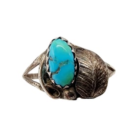 Sterling Navajo Turquoise Leaf Ring Sz 7