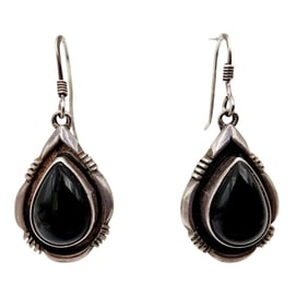 Sterling Navajo Signed 'OD' Onyx Drop Earrings