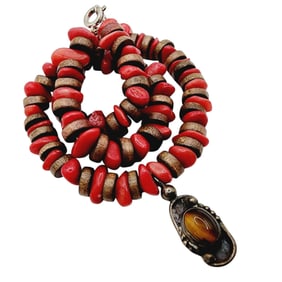 Sterling Southwestern Heishi Style Coral Chip Tiger Eye Pendant Necklace