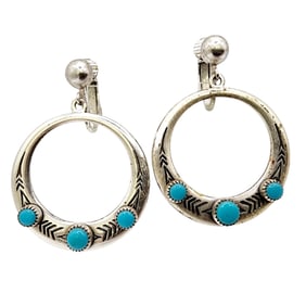 Sterling Native Handstamped Turquoise Hoop Earrings