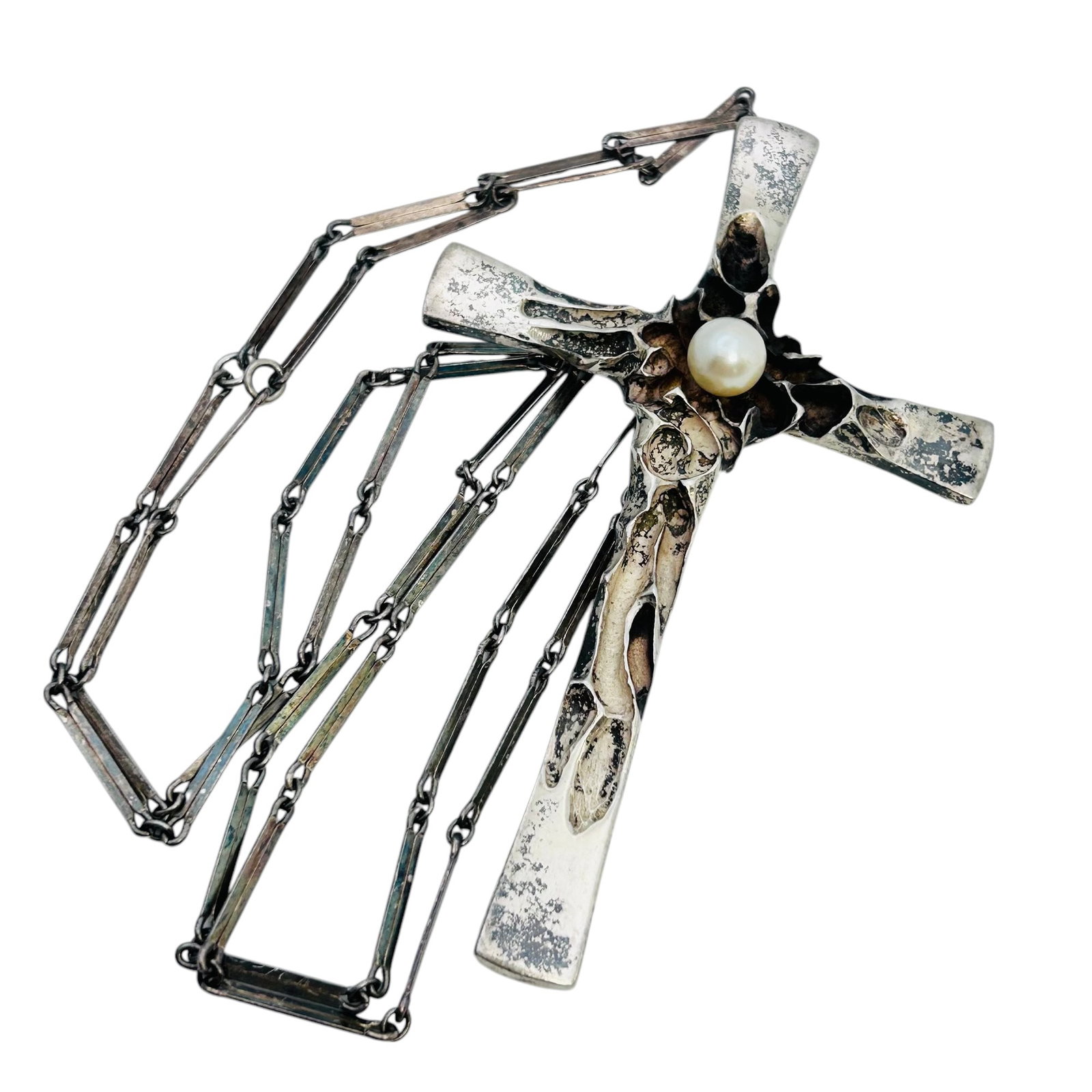 SECREST Sterling Solid Cross With Pearl Sterling Bar Linked Necklace 49.12 G: SECREST Sterling solid cross with pearl Sterling bar linked necklace 49.12 g