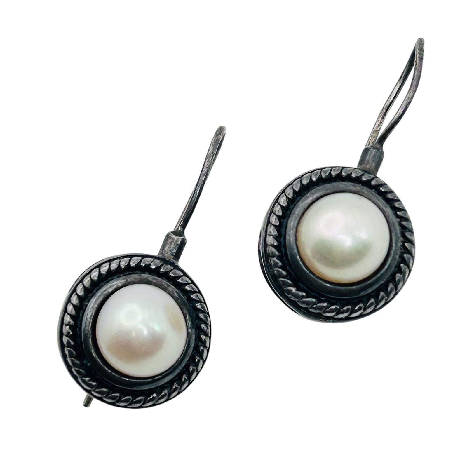 NV Sterling Bezel  Set Pearl Hook Back Drop Earrings 5.61 G (1 of 5)