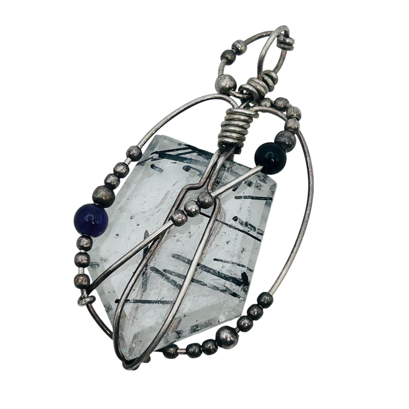 Spinel And Amethyst Sterling Wrapped And Beaded Pendant 9.18 G: Spinel and amethyst Sterling wrapped and beaded pendant 9.18 g