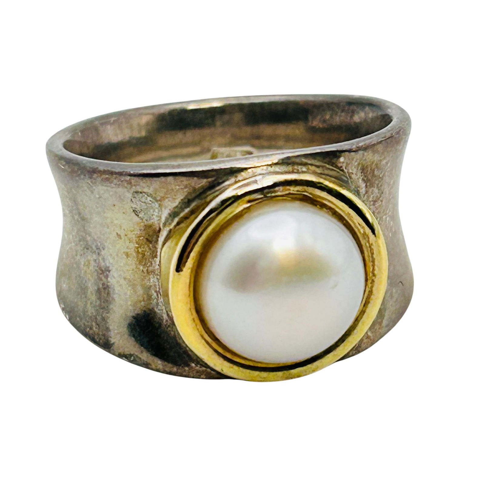 Italy 18 KT Gold Sterling Pearl Wide Band Ring Size 8.5, 12.63 G: Italy 18 KT gold sterling pearl wide band ring size 8.5 12.63 g