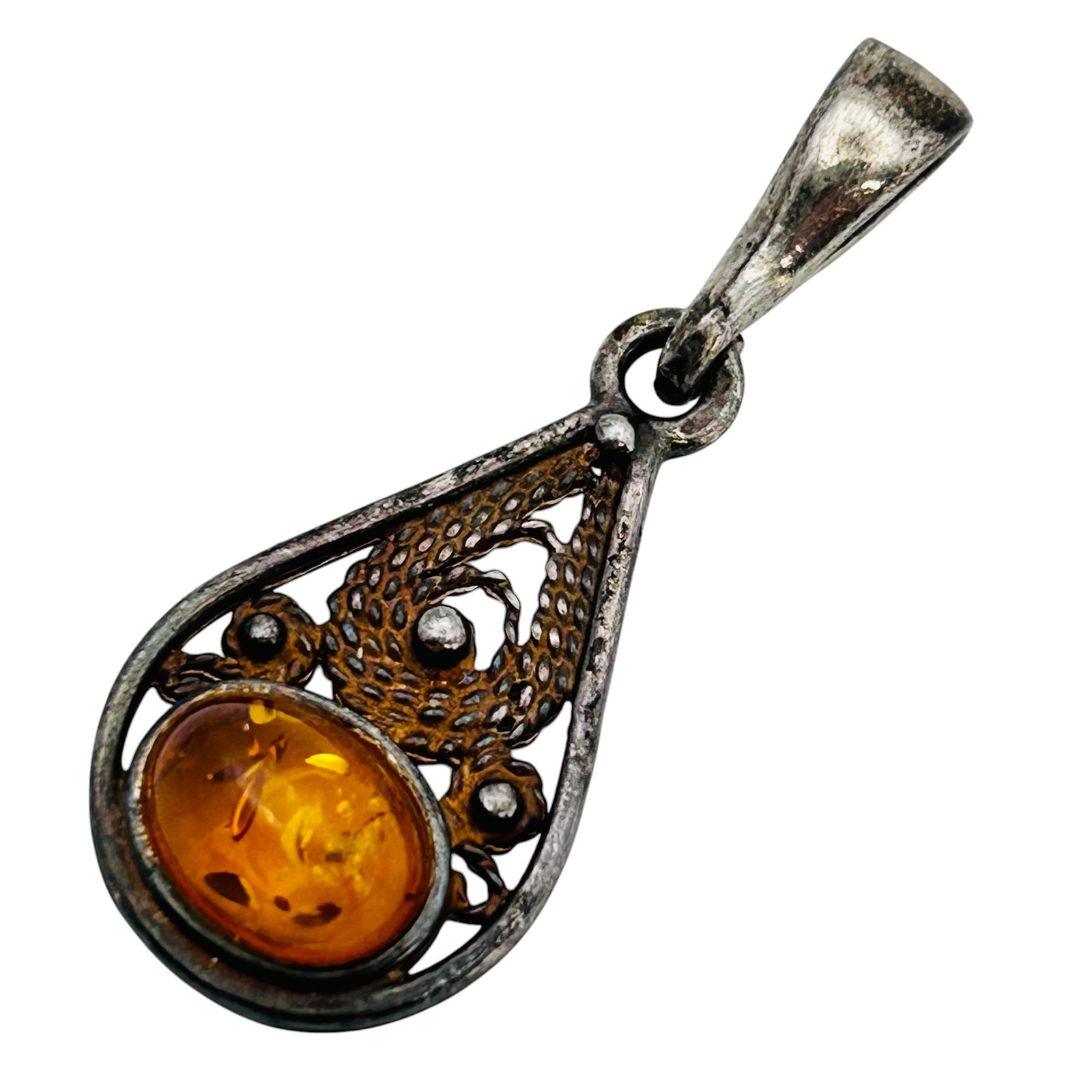 Amber Sterling Pendant Filigree Detail 2 G: Amber Sterling pendant filigree detail 2 g