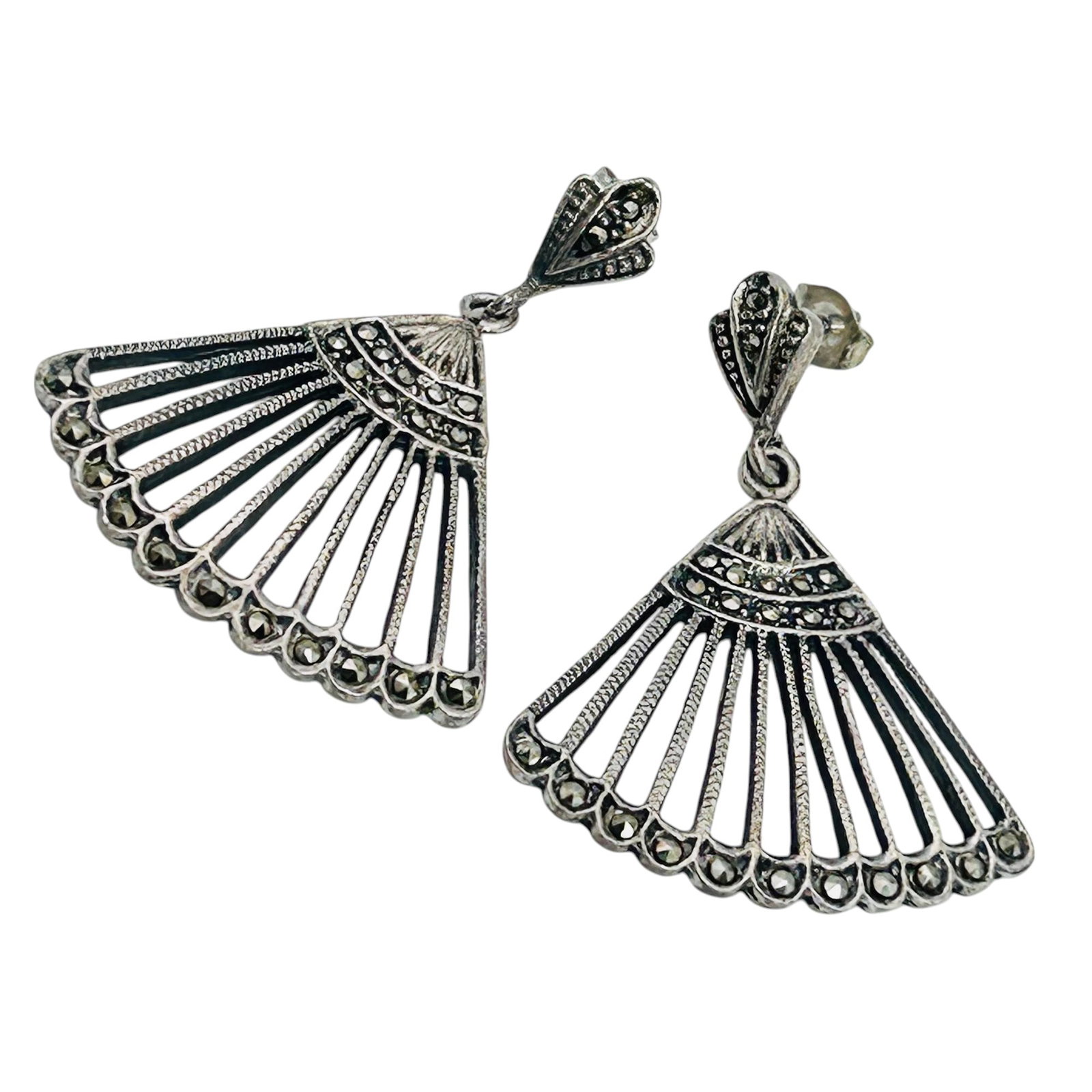 PT Marcasite Sterling Fan Style Pushback Earrings 8.7g: PT marcasite Sterling fan style pushback earrings 8.7g