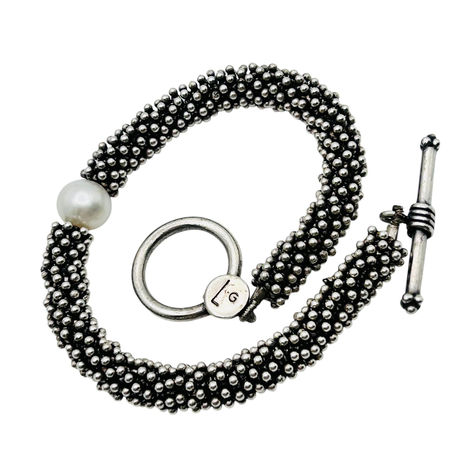 Signed LG Sterling And Pearl Caviar Bead Bracelet 34.24 G Toggle Clasp (1 of 5)