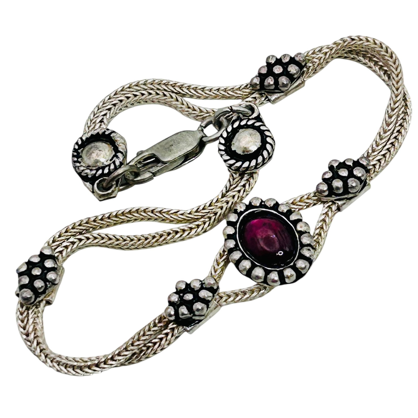 Garnet Sterling Herringbone Bracelet Marked NIC239, 10.12 G (1 of 5)