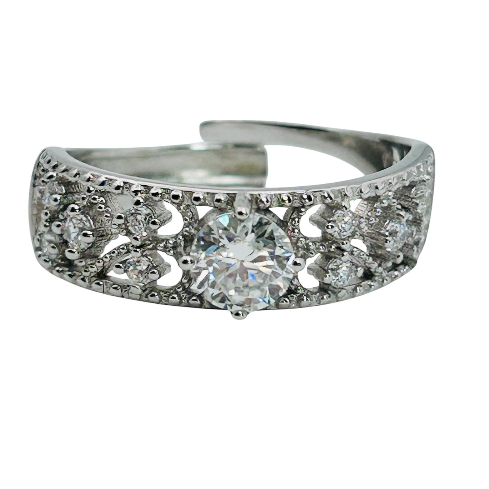 Sterling Open Adjustable Gemstone Ring, Testing As White Sapphire 2.68 G Size 7 To 9: Sterling open adjustable gemstone ring testing as white sapphire 2.68 g size 7 to 9