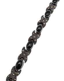 Onyx Marcasite Sterling Silver Tennis Bracelet 20 G