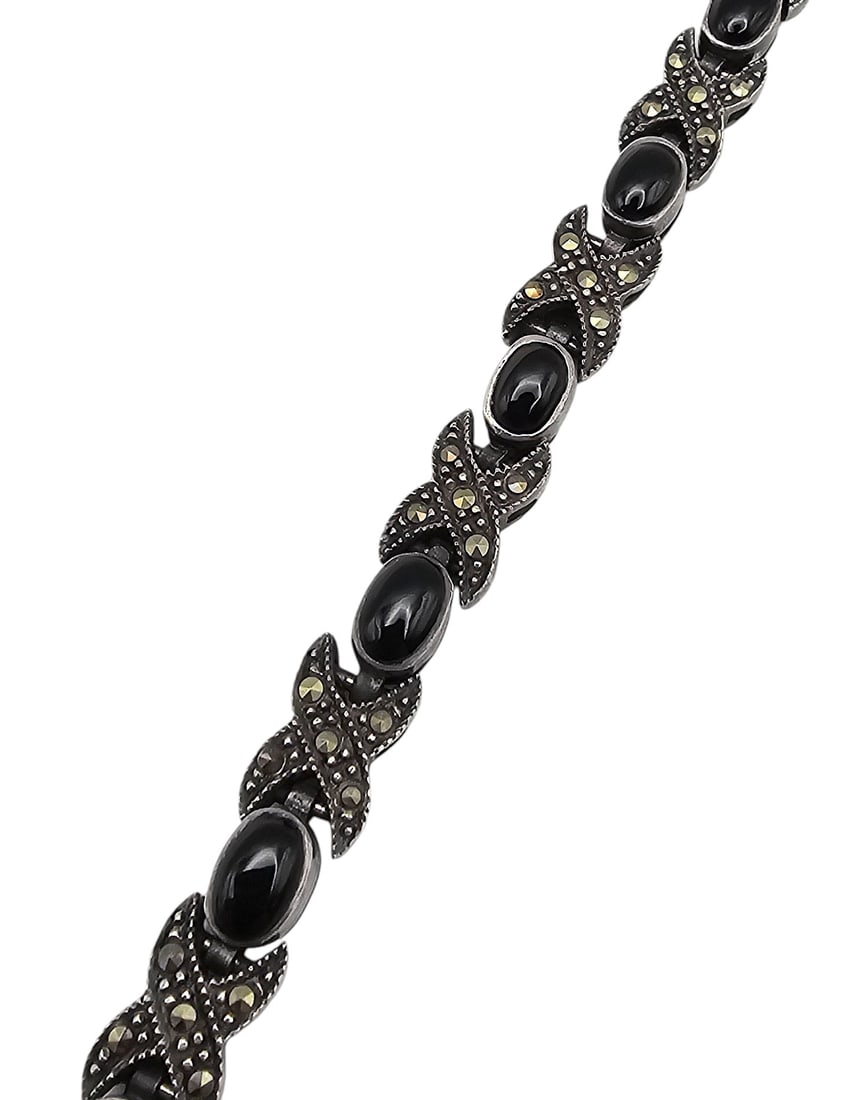 Onyx Marcasite Sterling Silver Tennis Bracelet 20 G (1 of 2)