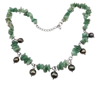 Aventurine Pearl Sterling Silver Necklace 42.4 G