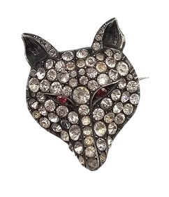 Vintage Deco Style Rhinestone Sterling Silver Fox Cat Face Brooch 20 G