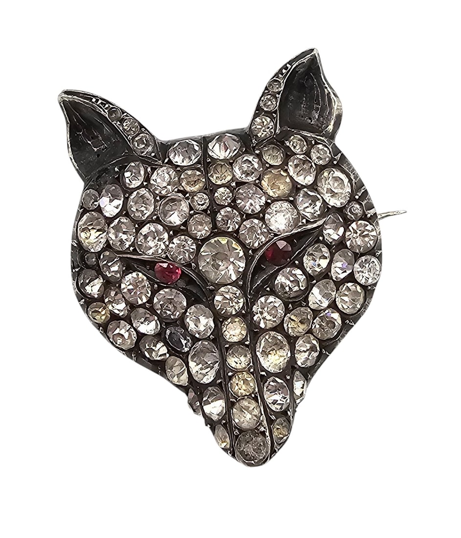 Vintage Deco Style Rhinestone Sterling Silver Fox Cat Face Brooch 20 G (1 of 3)