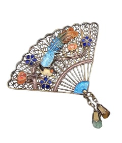 Vintage Chinese Import Enamel Sterling Silver Filigree Fan Brooch 6.1 G