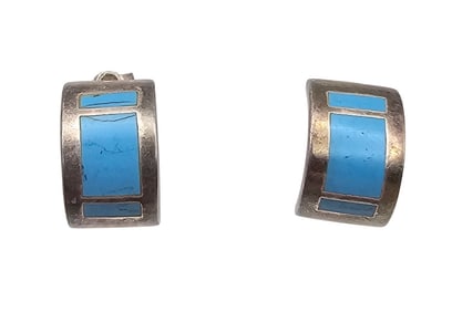 SU Turquoise Sterling Silver Hoop Earrings 4.2 G