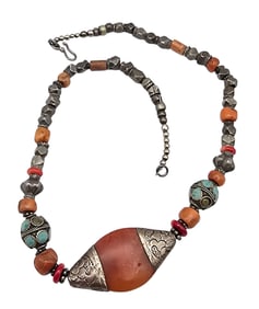 Vintage India Carnelian Coral Turquoise Sterling Silver Necklace 64.9 G