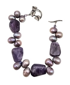 Amethyst Pearl Sterling Silver Toggle Bracelet 30.3 G
