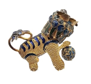 Vintage Chinese Import Enamel Filigree Gold Over Sterling Silver Foo Dog 15.8 G