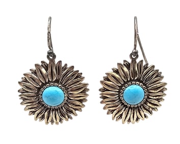 A Turquoise Sterling Silver Sunflower Drop Dangle Earrings 8.5 G
