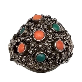 Chinese Turquoise Coral Sterling Silver Filigree Ring Size 7.5 6.4 G