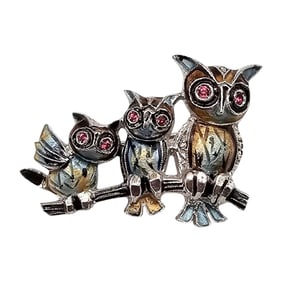 Rhinestone Enamel Sterling Silver Owls Brooch 6.8 G