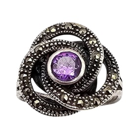 CW Marcasite Amethyst Sterling Silver Flower Ring Size 8 5.7 G
