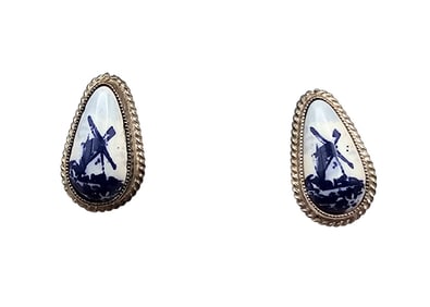 Delft Blue Porcelain Windmill Sterling Silver Earrings 2.7 G