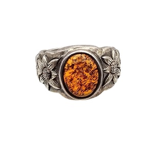Amber Sterling Silver Floral Ring Size 6.25 8.3 G