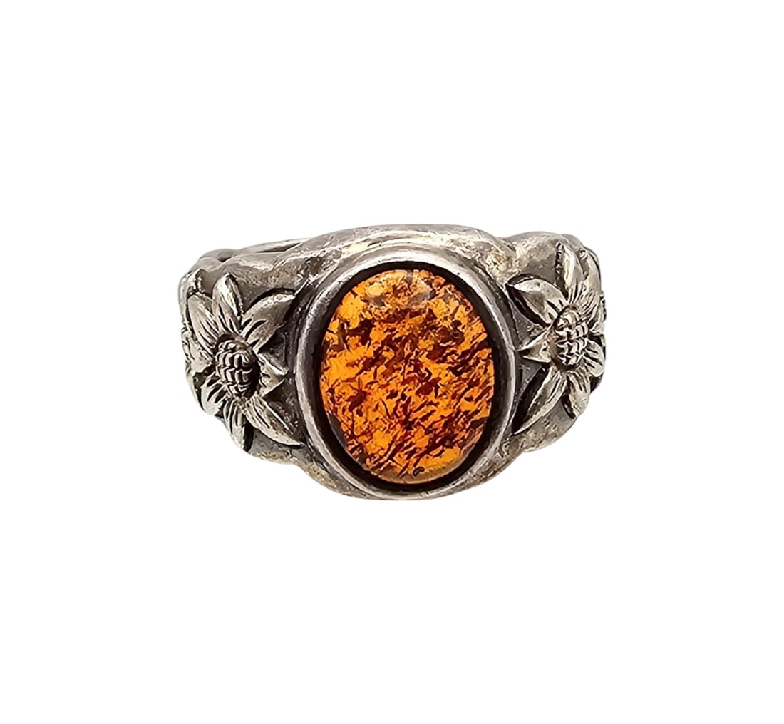 Amber Sterling Silver Floral Ring Size 6.25 8.3 G (1 of 4)
