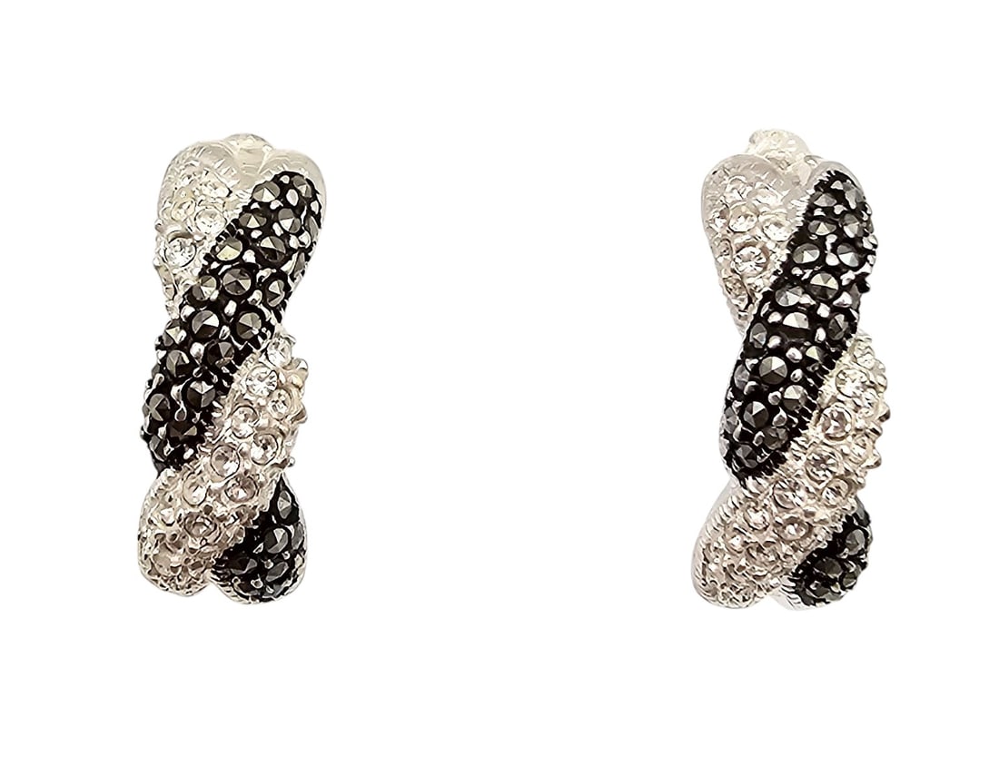 Signed Rhinestone Marcasite Sterling Silver Earrings 5.6 G (1 of 4)