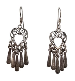 Sterling Silver Fringe Heart Drop Dangle Earrings 2.8 G