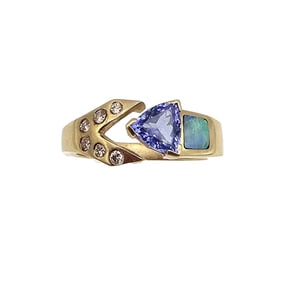 PAR Opal Tanzanite Diamond 14K Gold Cocktail Ring Size 7 4.5 G