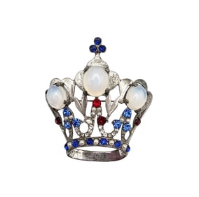 Vintage Moonstone Seed Pearl Rhinestone Sterling Silver Crown. Brooch 16.1 G