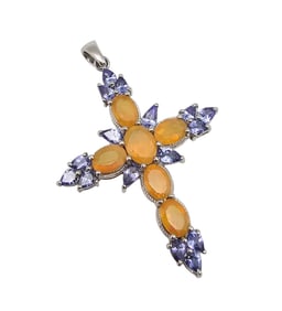 AJ Opal Rhinestone Sterling Silver Cross Pendant 6.4 G