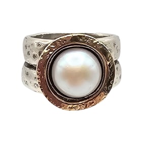 Israel Pearl 14K Gold Sterling Silver Cocktail Ring Size 6.75 11.4 G