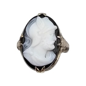 Vintage Mother Of Pearl Onyx 14K White Gold Roman Soldier Cameo Ring Size 6.25 3.6 G