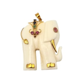 Bone Carved Ruby Emerald Sapphire 14K Gold Elephant Pendant 4.1 G