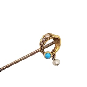 Vintage Victorian Turquoise Seed Pearl 10K Gold Q Stick Pin 1.2 G